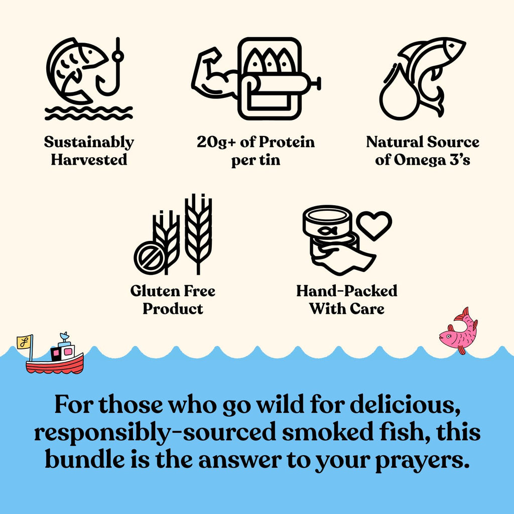 Fishwife Starter 7-Pack (Variety of Tinned Seafood including Smoked Salmon, Rainbow Trout, Sardines, Tuna & More!) | Gluten Free, High Protein, Omega-3s | Hand-Packed