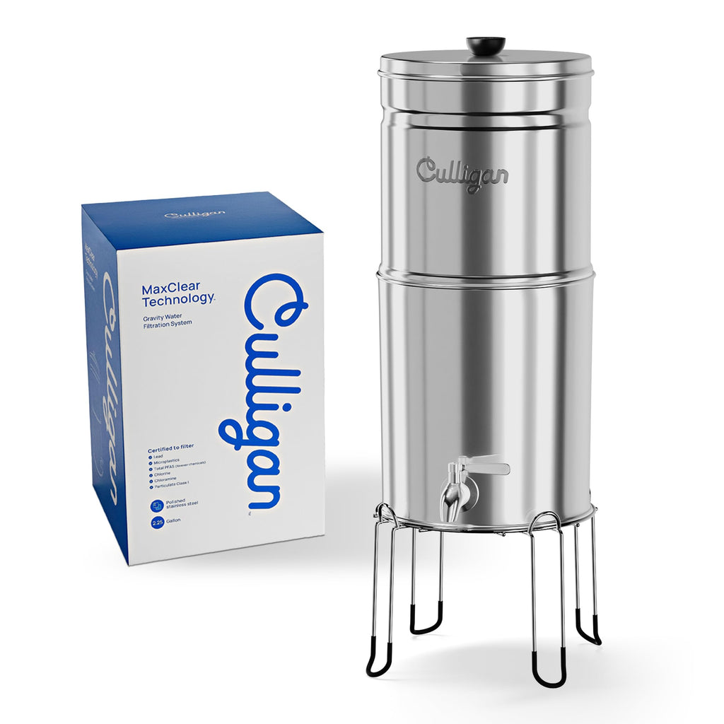 Culligan with MaxClear Technology 2.25 Gallon Gravity Water Filter System, Polished Countertop Ceramic Water Filter NSF/ANSI Certified to Reduce Lead, Microplastics & Total PFAS, with 1 Filter