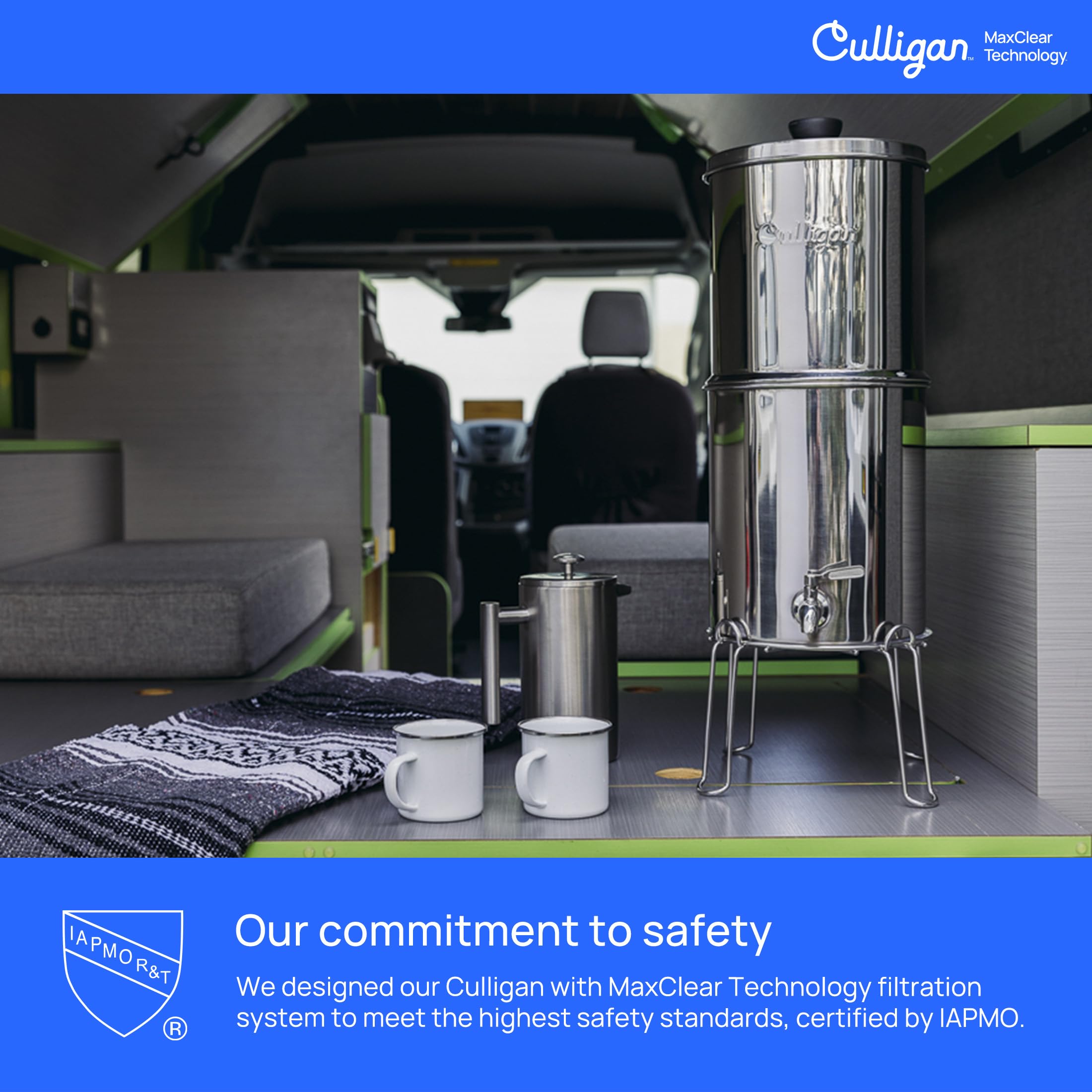 Culligan with MaxClear Technology 2.25 Gallon Gravity Water Filter System, Polished Countertop Ceramic Water Filter NSF/ANSI Certified to Reduce Lead, Microplastics & Total PFAS, with 1 Filter