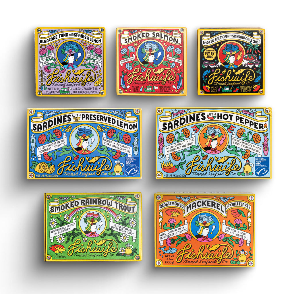 Fishwife Starter 7-Pack (Variety of Tinned Seafood including Smoked Salmon, Rainbow Trout, Sardines, Tuna & More!) | Gluten Free, High Protein, Omega-3s | Hand-Packed